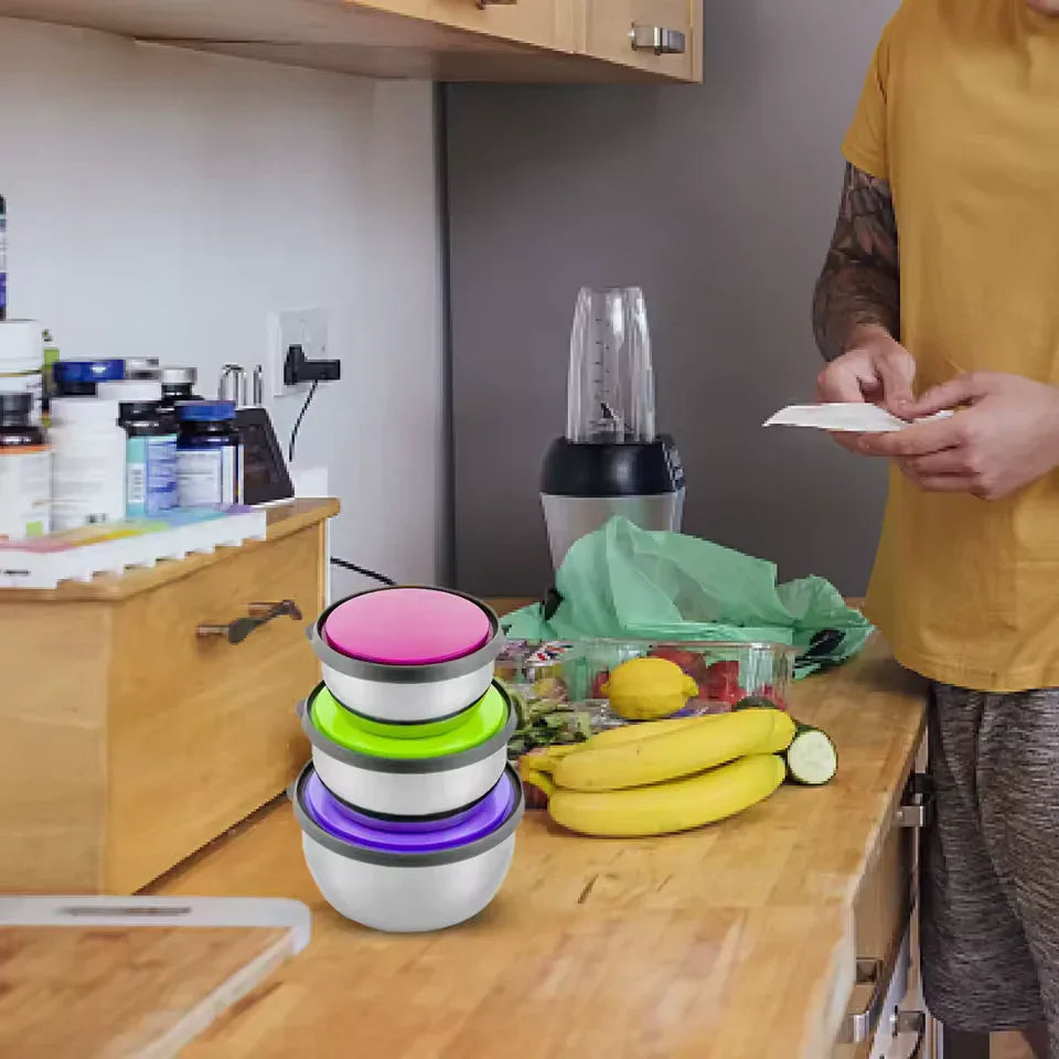 3-Piece Stainless Steel Preserve Bowls Set – Food Containers with Lids - Clarify.pk