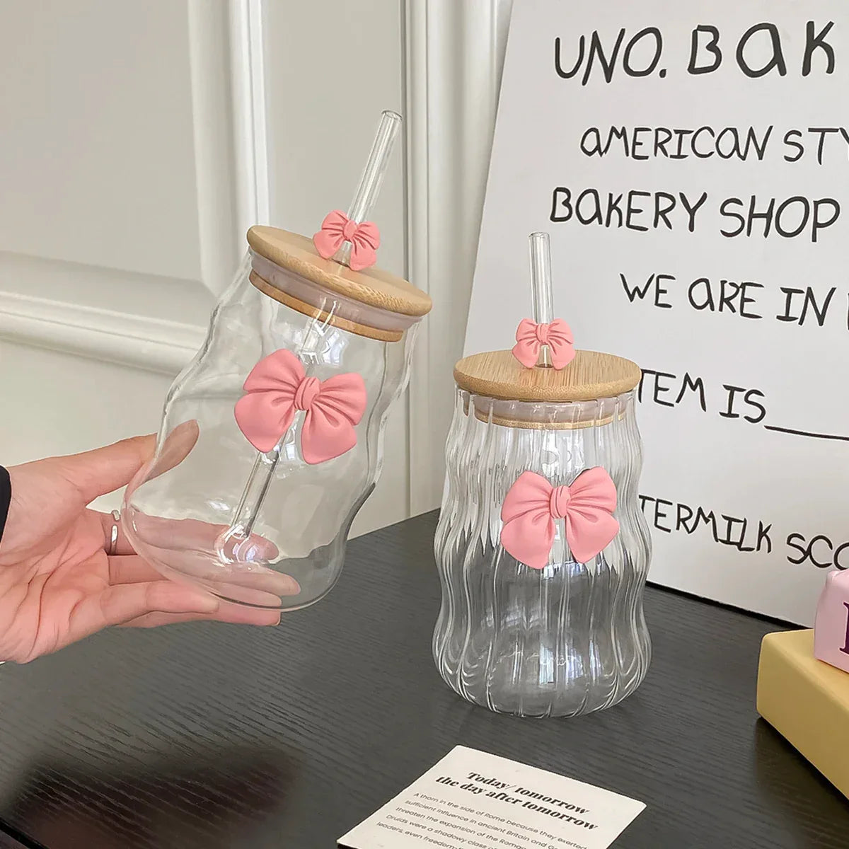 Bow Glass Water Cup with Straw – Cute Drinking Cup (400ml) - Clarify.pk