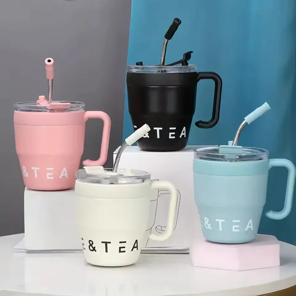 سٹینلیس سٹیل سٹرا ڈھکن کی بوتل 480ml - گرم اور ٹھنڈا تھرموس (بے ترتیب رنگ)