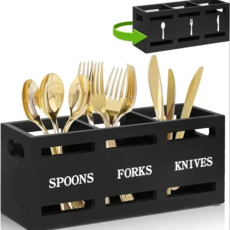 Wooden Cutlery Organizer Box – Multi-Compartment Storage - Clarify.pk