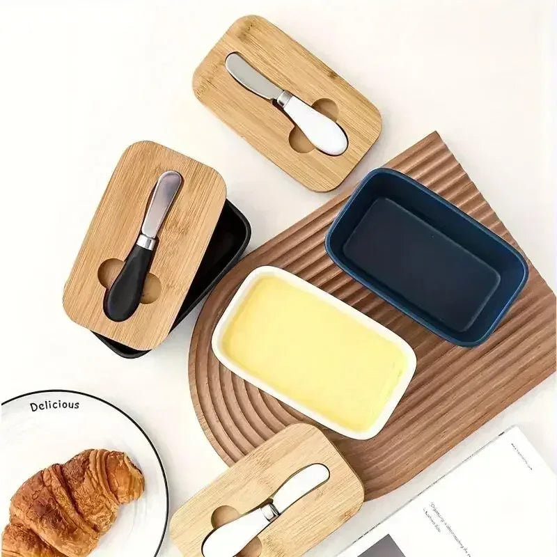 Ceramic Butter & Cheese Container with Wooden Lid - Clarify.pk