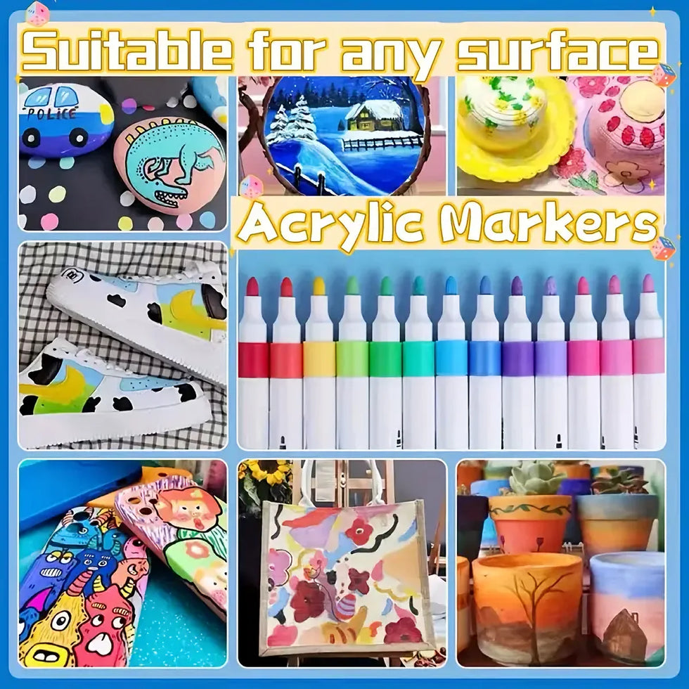 12pcs Acrylic Marker Pen Set - Soft Tip Paint Markers