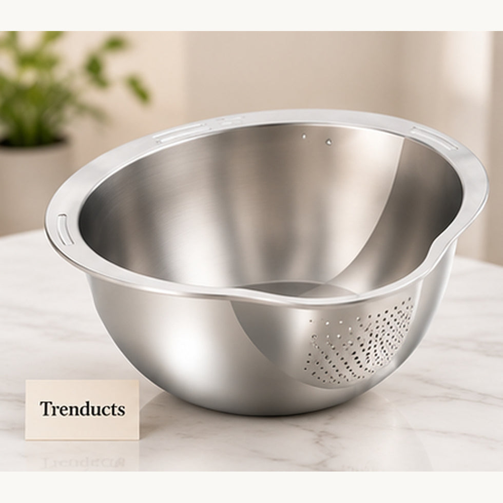Stainless Steel Rice Washing Bowl with Built-In Strainer
