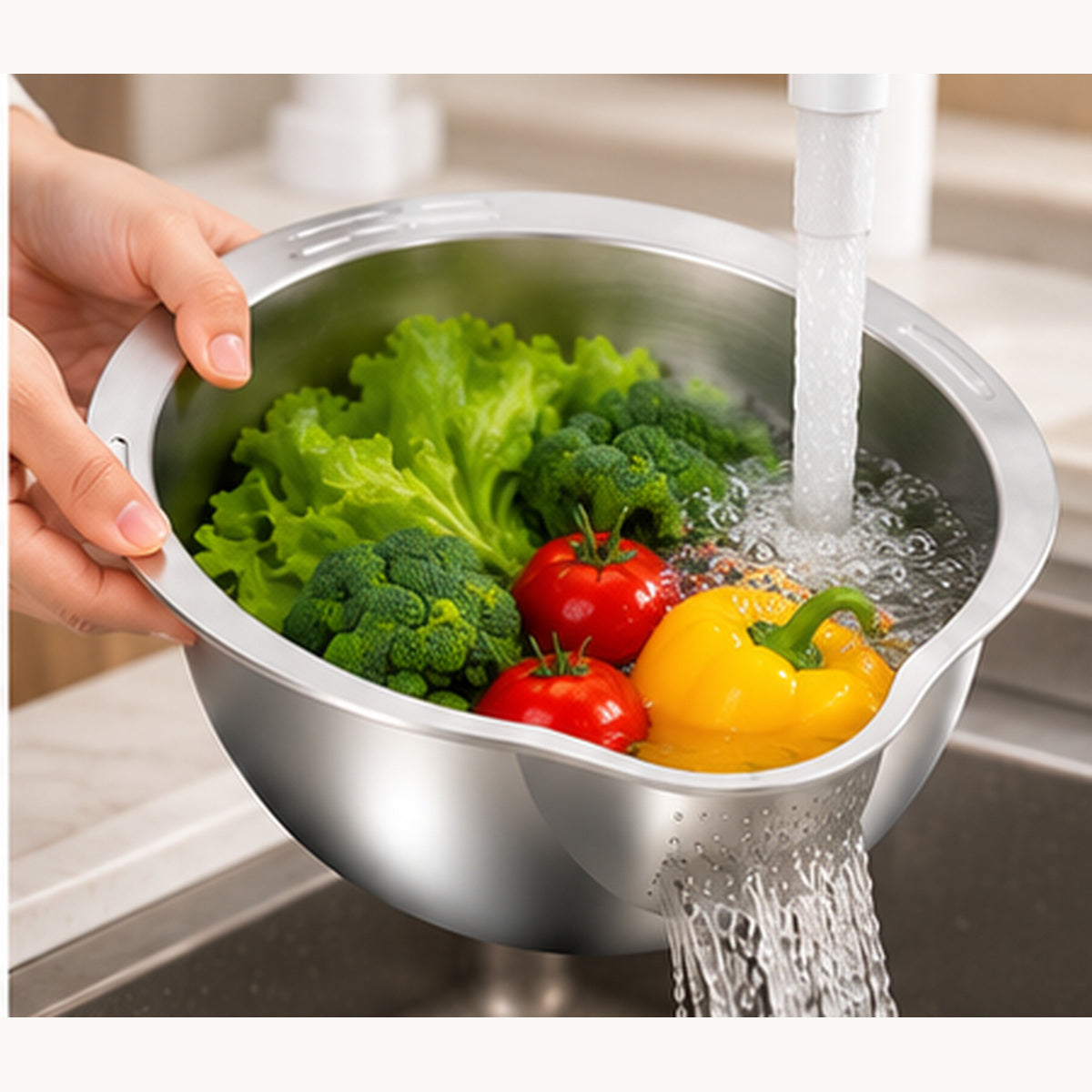 Stainless Steel Rice Washing Bowl with Built-In Strainer