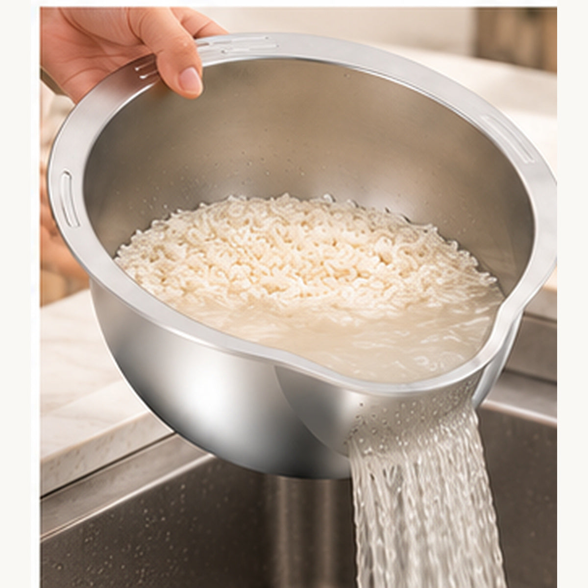 Stainless Steel Rice Washing Bowl with Built-In Strainer