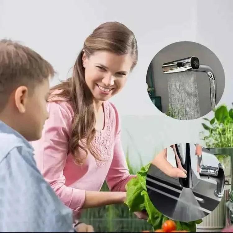 Multifunctional Kitchen Faucet Waterfall with Pressurized Bubbler and 4 Modes Spout Adapter