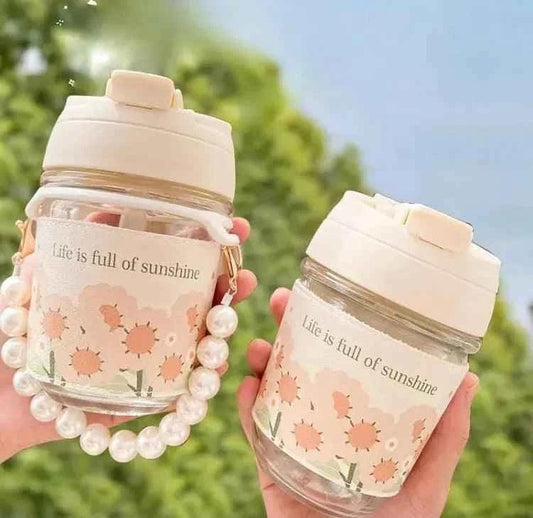 Portable Thermal Mini Bottle with Glass Straw and Pearl Bracelet Design - Dual-Use Drinking Cup - Clarify.pk