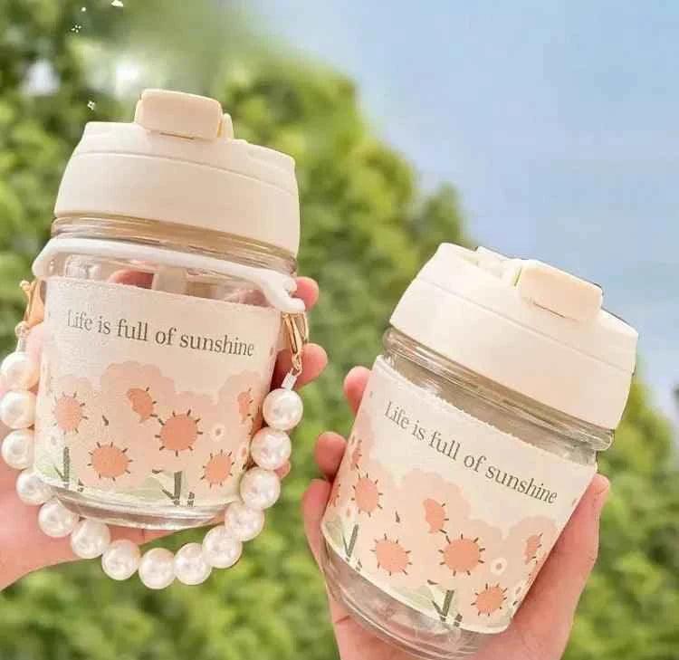 Portable Thermal Mini Bottle with Glass Straw and Pearl Bracelet Design - Dual-Use Drinking Cup - Clarify.pk