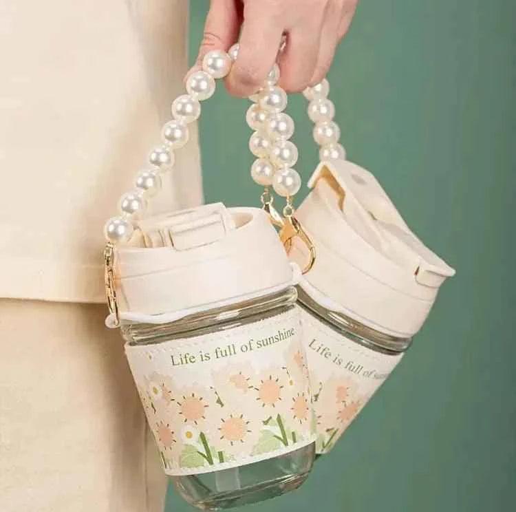 Portable Thermal Mini Bottle with Glass Straw and Pearl Bracelet Design - Dual-Use Drinking Cup - Clarify.pk