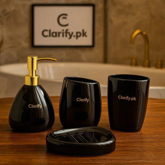 4-Piece Luxury Bathroom Set – Glossy Black with Gold Pump - Clarify.pk