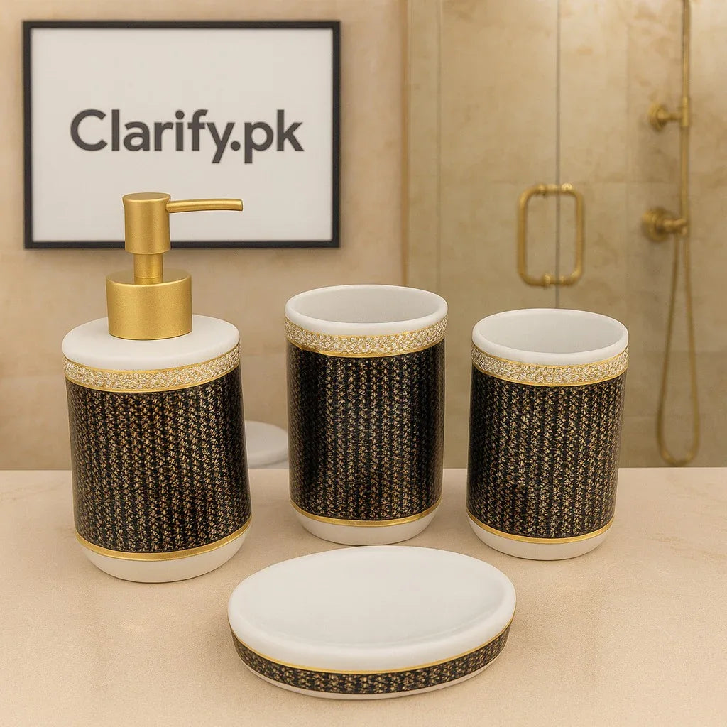 4-Piece Luxury Bathroom Set – Black & Gold Pattern Design - Clarify.pk