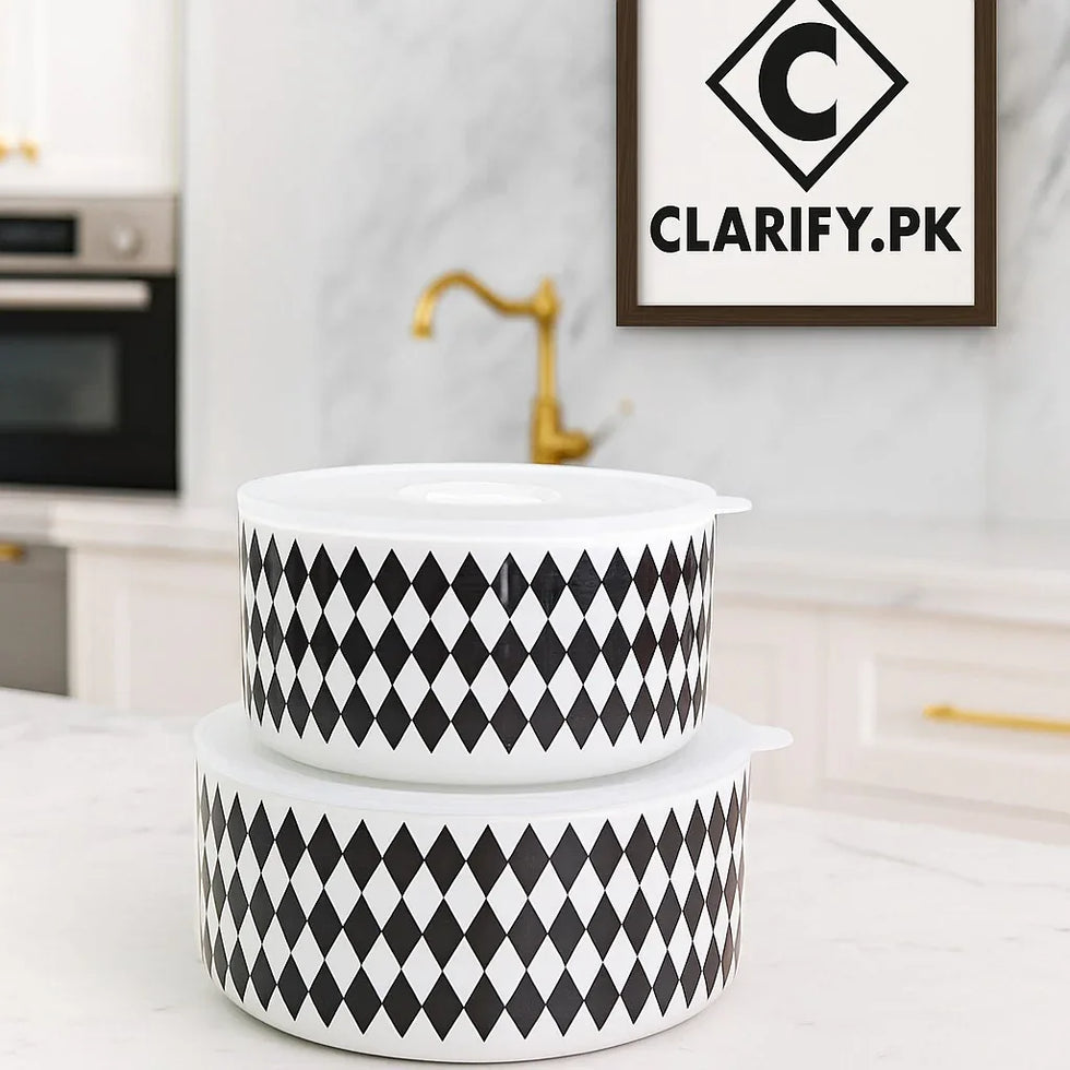 Diamond Pattern Ceramic Storage Bowl with Lid – Black & White - Clarify.pk