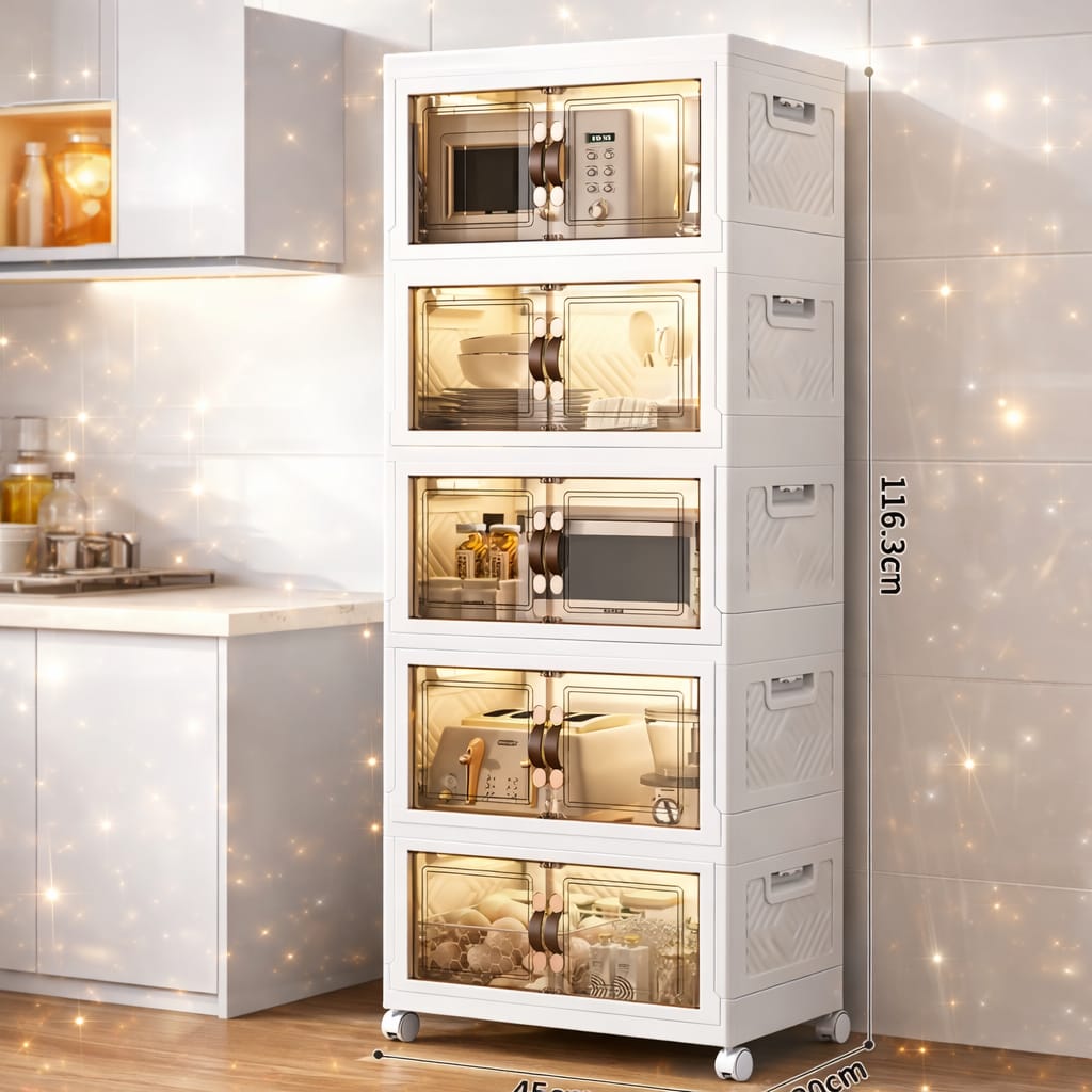 Foldable 5 layer kitchen storage cabinet with wheels for kitchen and pantry