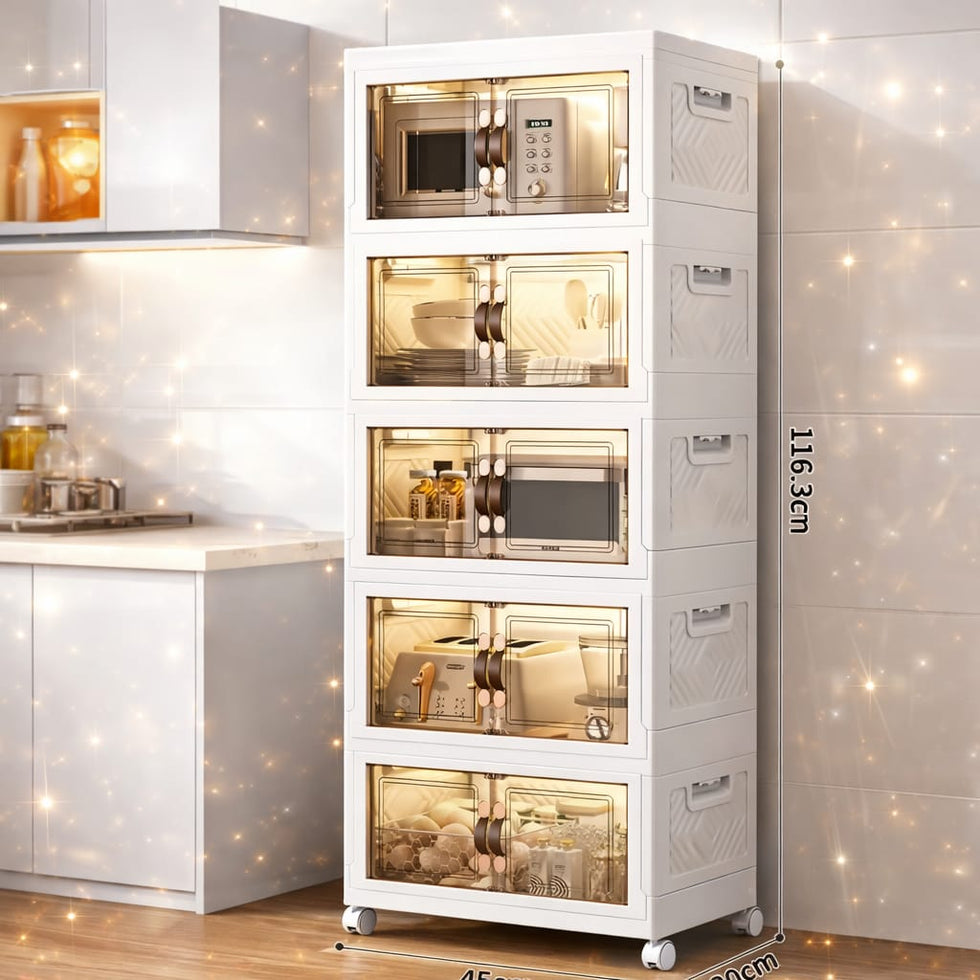 Foldable 5 layer kitchen storage cabinet with wheels for kitchen and pantry