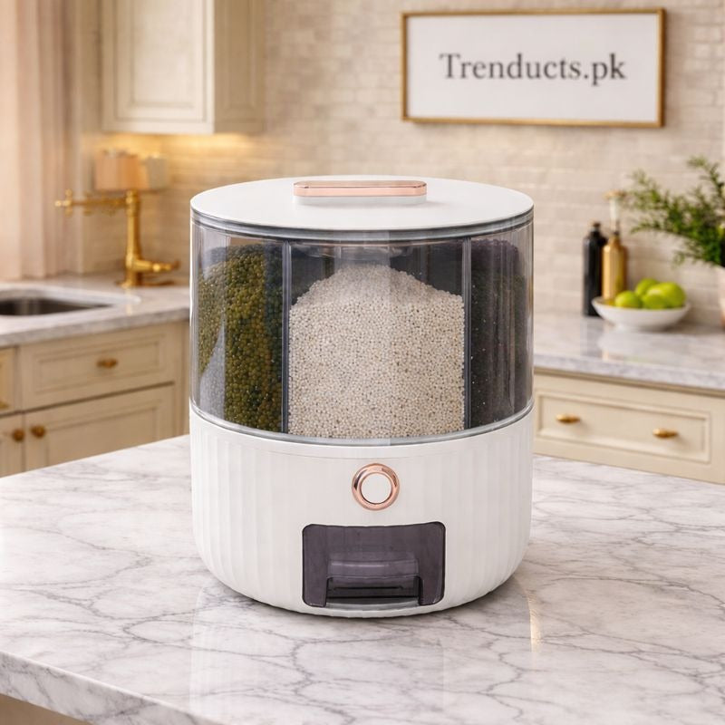 360 degree rotating transparent food and grain dispenser for kitchen organization Trenducts Pakistan