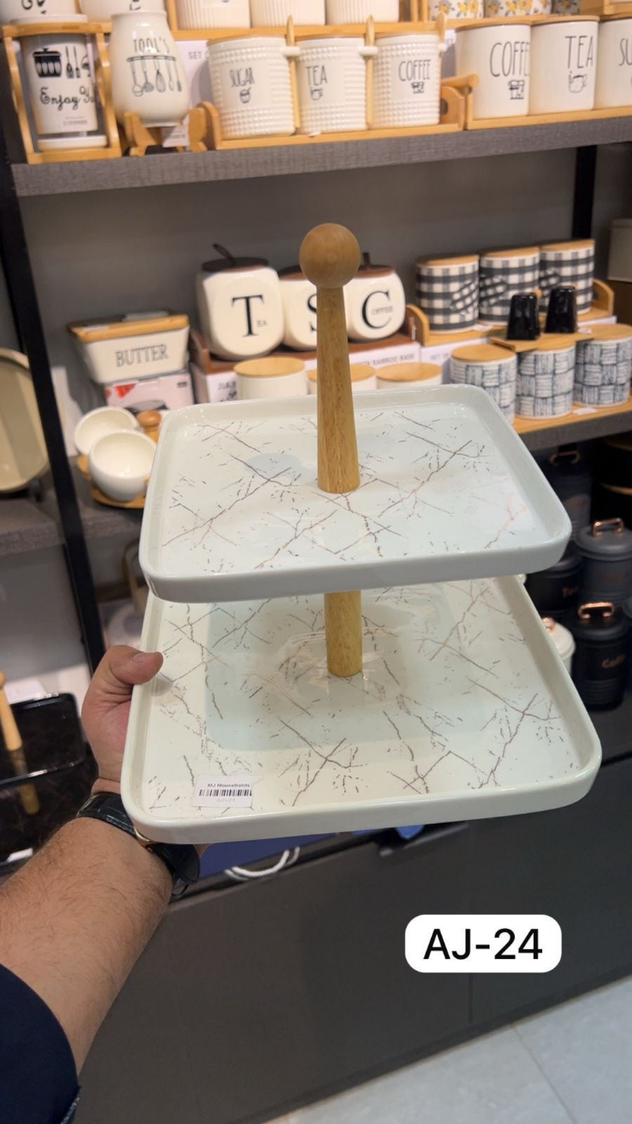 2-Tier White Marble Print Tray - Luxury Serving Stand - Trenducts.pk