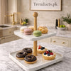  Elegant 2-tier marble print serving tray stand with wooden center handle