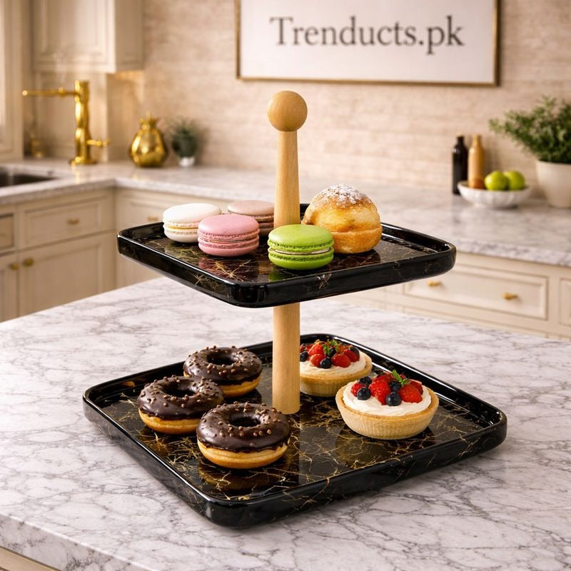 Elegant 2-tier marble print serving tray in black and white with wooden center handle
