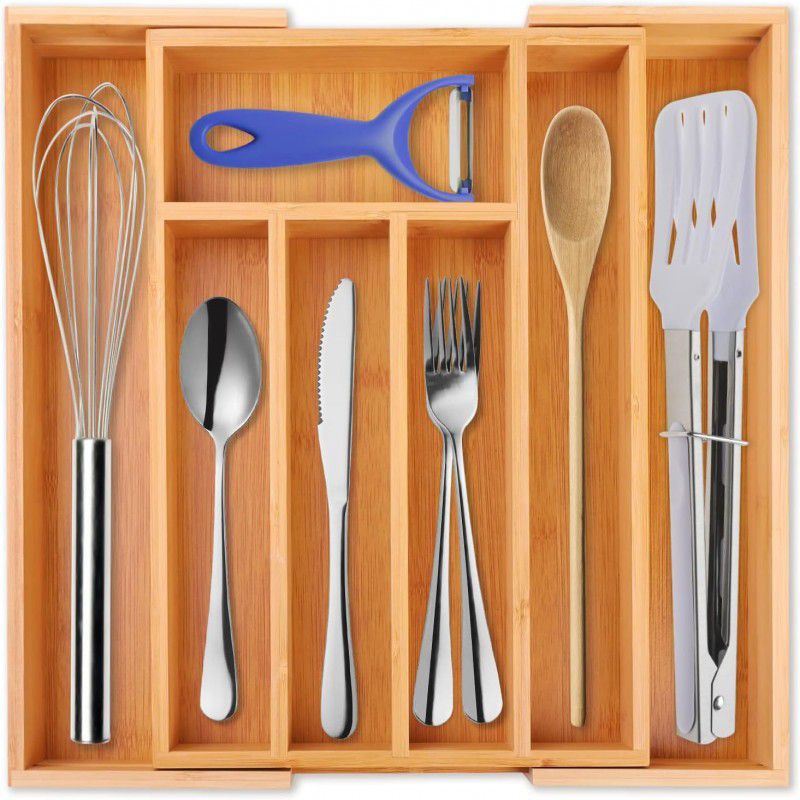 Bamboo Expandable Kitchen Drawer Organizer - 7-Slot Utensil Tray - Trenducts.pk