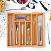 : Natural bamboo expandable kitchen drawer organizer with 7 compartments for utensils and cutlery