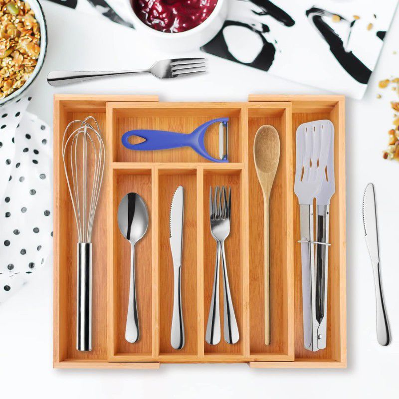 : Natural bamboo expandable kitchen drawer organizer with 7 compartments for utensils and cutlery