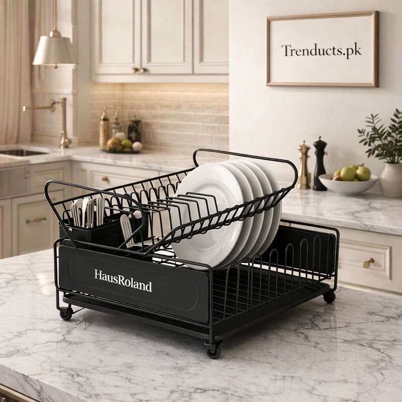 HausRoland premium 2-tier chrome dish drying rack with drip tray and cutlery holder Trenducts Pakistan