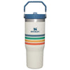 Stanley 30oz IceFlow Flip Straw Tumbler in Cream Stripe with blue lid and rotating handle - Trenducts Pakistan