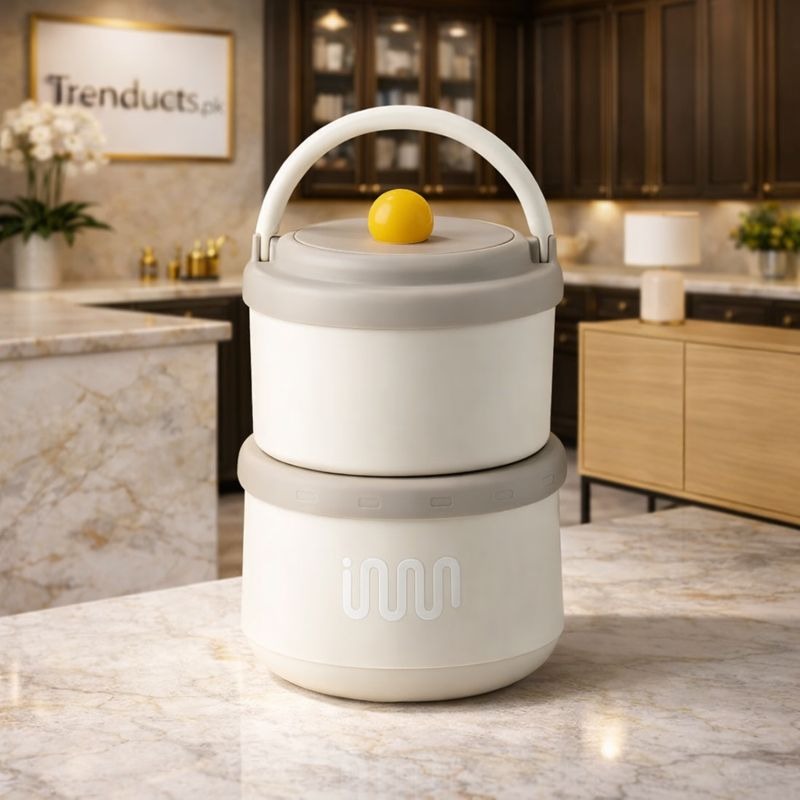 Multi-colored insulated stainless steel lunch boxes showing interior rice and curry with a foldable spoon - Trenducts Pakistan