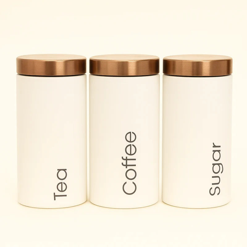 Matte White & Copper Kitchen Canister Set – 3 Pcs Tea, Coffee, Sugar Jar Set MJ