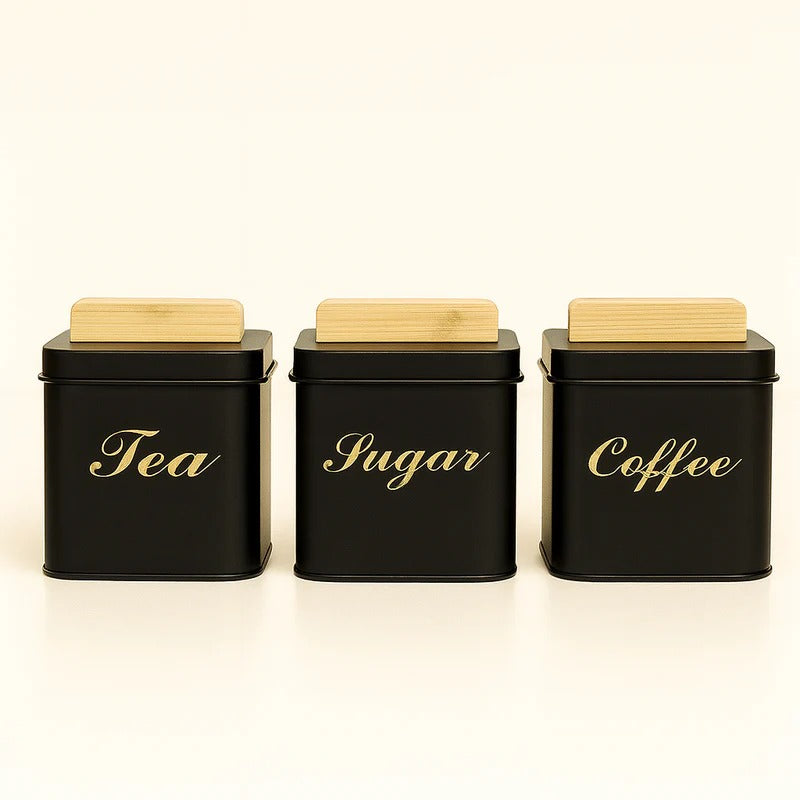 3Pc Square Metal Canister Set – Bamboo Lid Jars