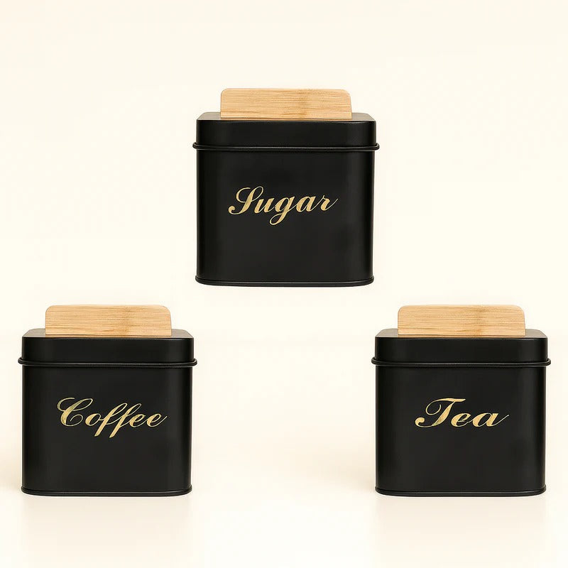 3Pc Square Metal Canister Set – Bamboo Lid Jars