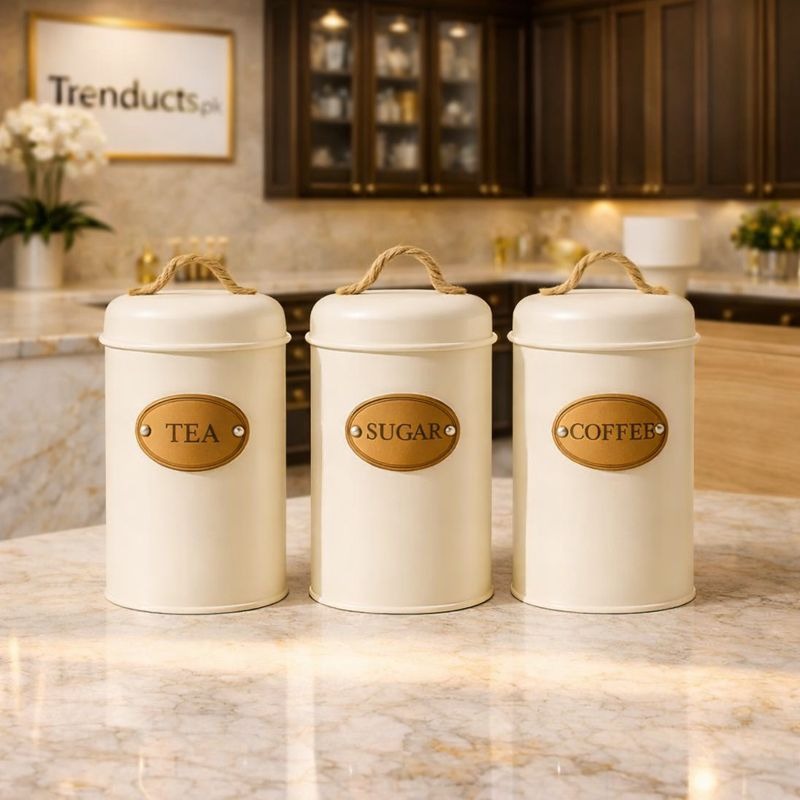 3Pcs Rustic White Canister Set – Vintage Metal Kitchen Storage Jars