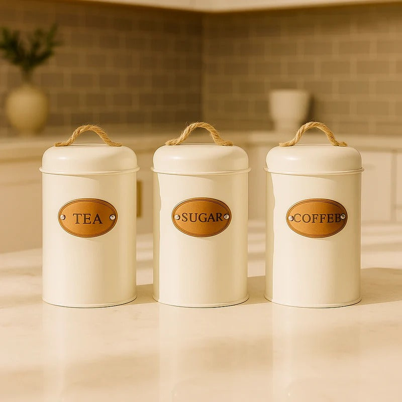 3Pcs Rustic White Canister Set – Vintage Metal Kitchen Storage Jars