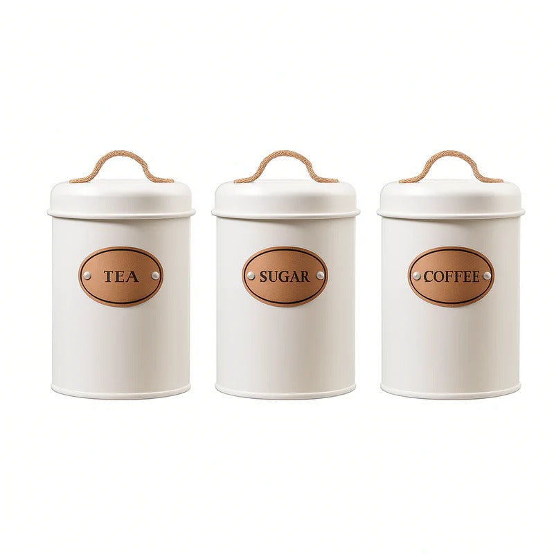 3Pcs Rustic White Canister Set – Vintage Metal Kitchen Storage Jars