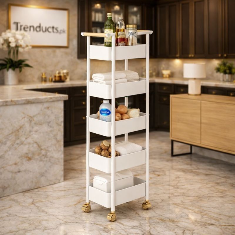 Binca 5-tier matte black slim utility trolley with white bottles and wood handle in a luxury bathroom - Trenducts Pakistan