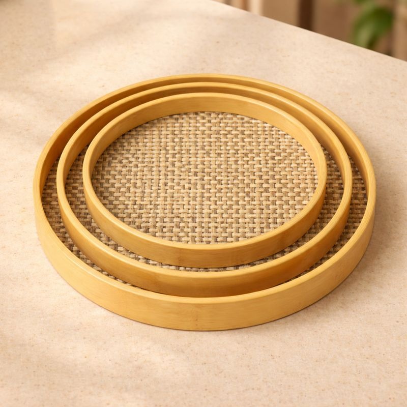 3-Pc Round Bamboo & Rattan Serving Tray Set – Handwoven Decorative Platters MJ