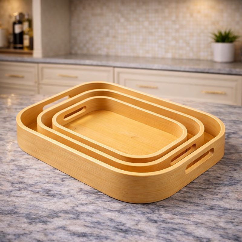 Three nesting square bamboo serving trays with integrated handles on a wooden dining table - Trenducts Pakistan
