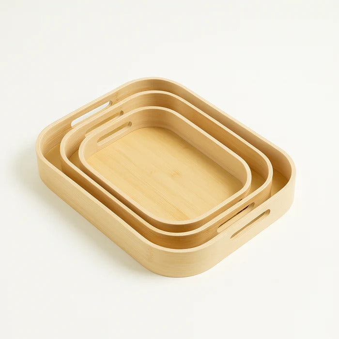 3-Pc Bamboo Nesting Serving Tray Set – Modern Square Decorative Platters MJ