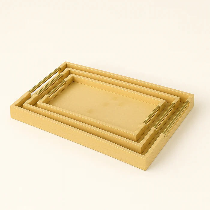 3-Pc Bamboo Serving Tray Set – Modern Rectangular Platters with Golden Handles