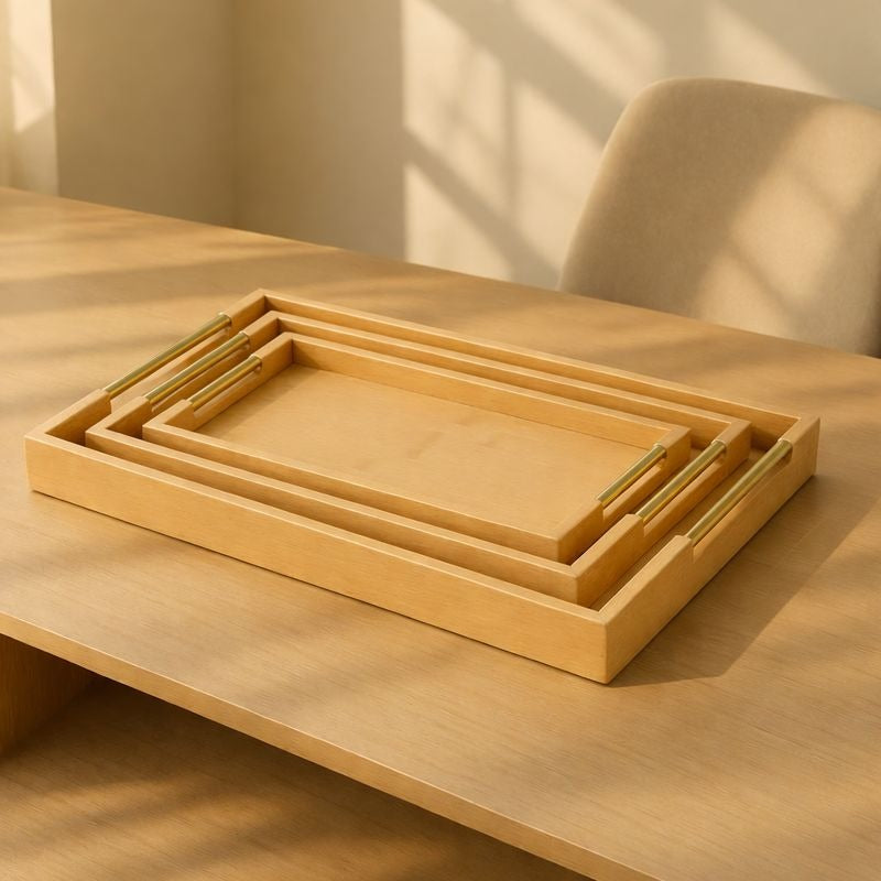 3-Pc Bamboo Serving Tray Set – Modern Rectangular Platters with Golden Handles
