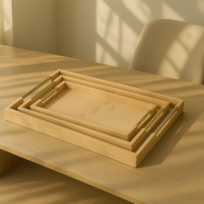 3-Pc Bamboo Serving Tray Set – Modern Rectangular Platters with Golden Handles