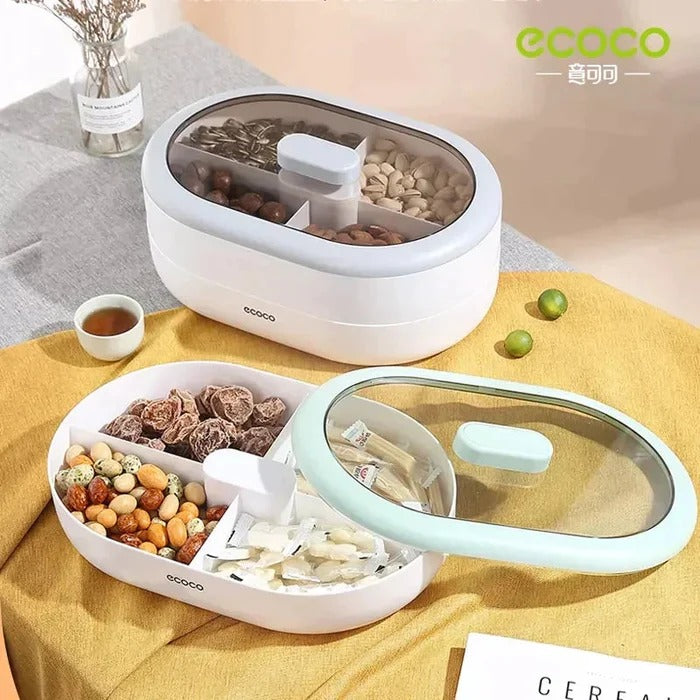 Ecoco Rotating Double Layer Snack Box – Partitioned Candy & Dry Fruit Organizer MJ