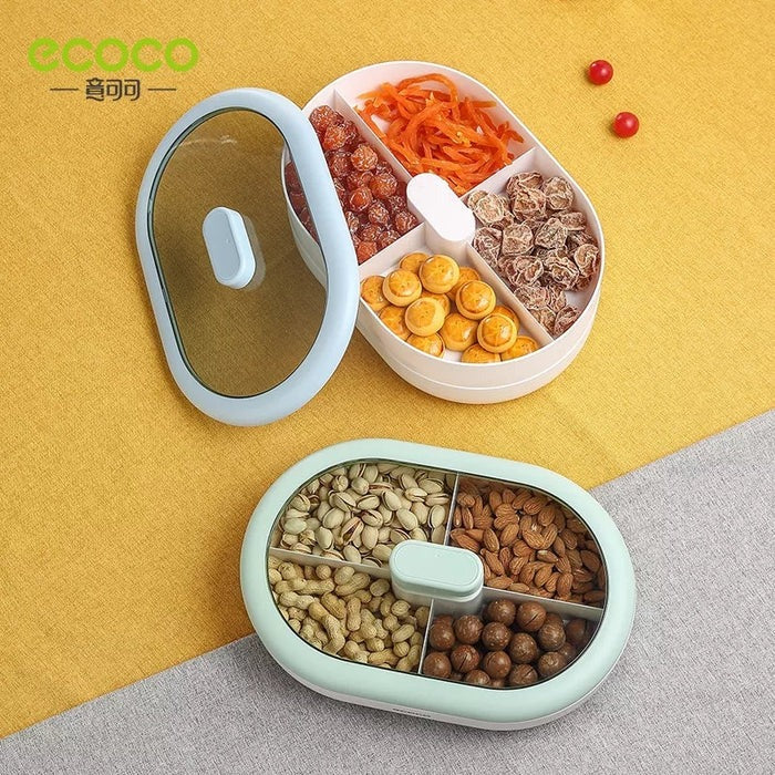 Ecoco Rotating Double Layer Snack Box – Partitioned Candy & Dry Fruit Organizer