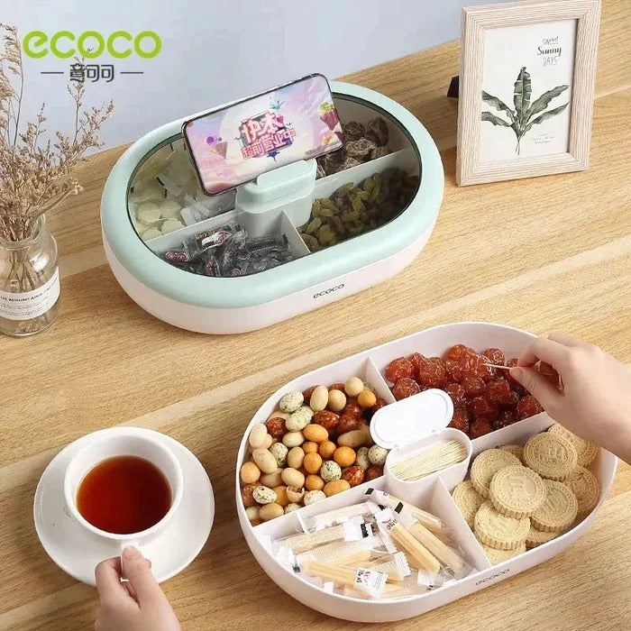 Ecoco Rotating Double Layer Snack Box – Partitioned Candy & Dry Fruit Organizer