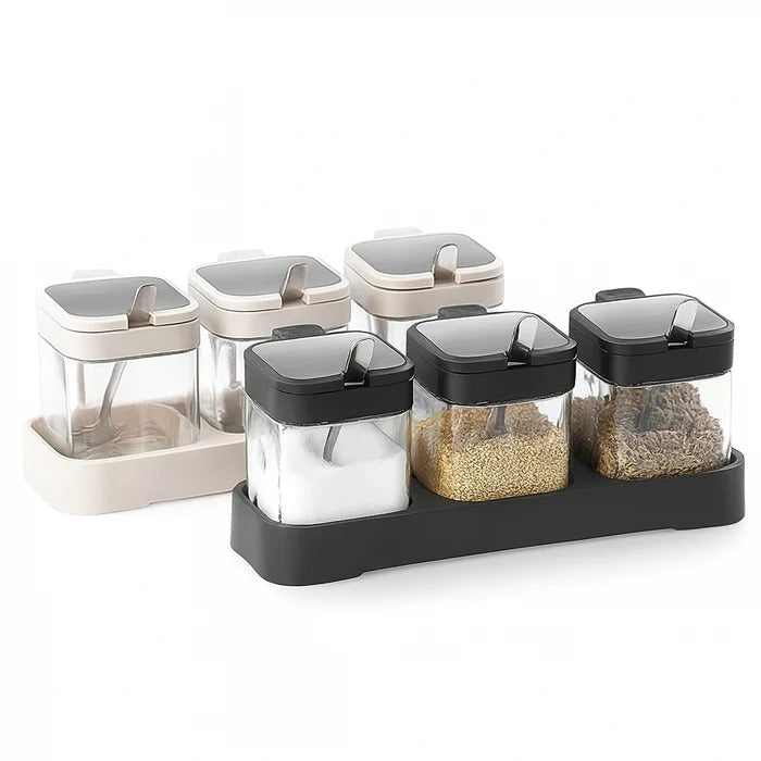 3-in-1 Glass Seasoning Box Set – Premium Spice Organizer with Serving Spoons