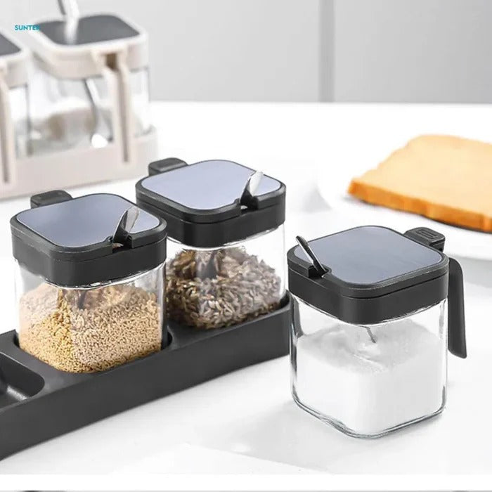 3-in-1 Glass Seasoning Box Set – Premium Spice Organizer with Serving Spoons