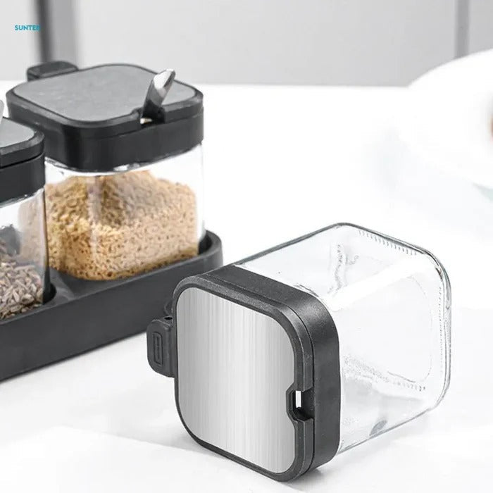 3-in-1 Glass Seasoning Box Set – Premium Spice Organizer with Serving Spoons
