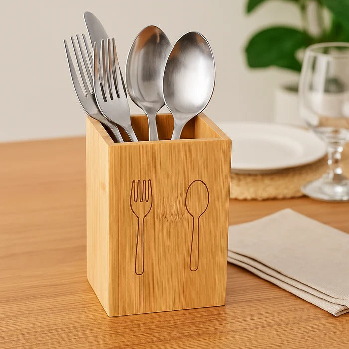 Natural Bamboo Utensil Organizer – Modern Square Cutlery Caddy MJ
