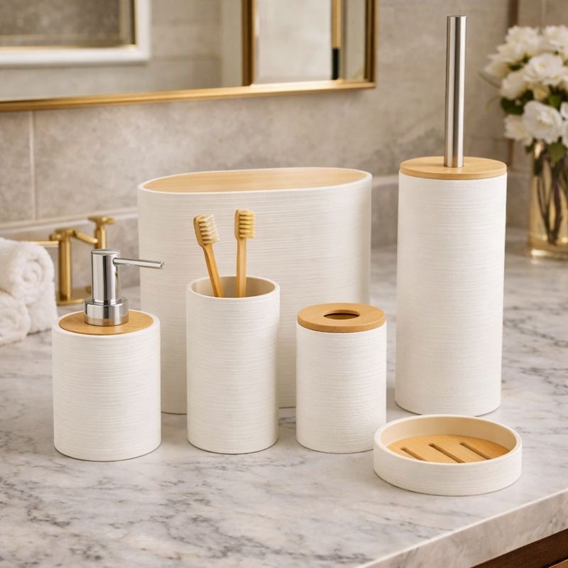 Six-piece white textured bathroom accessory set with bamboo lids including a soap dispenser and waste bin on a marble counter - Trenducts Pakistan
