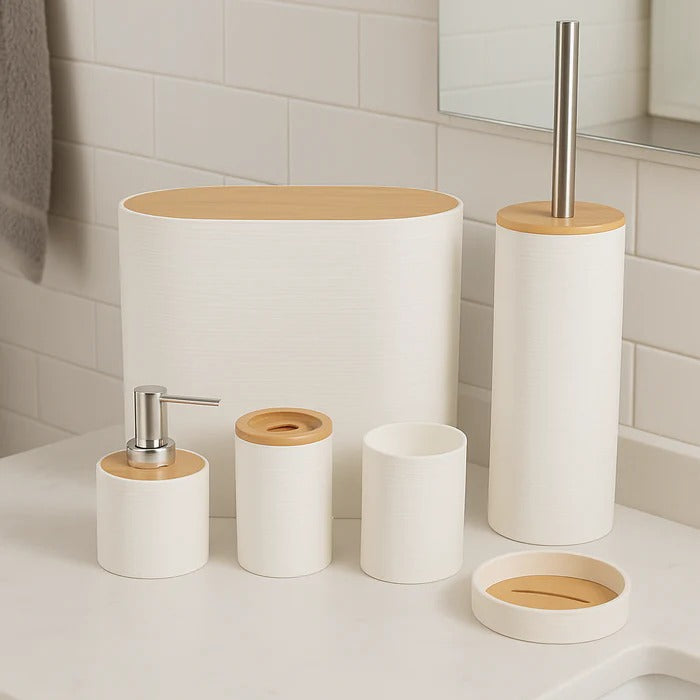 6-Pc Modern White Bathroom Set – Textured Accessory Collection with Bamboo Accents